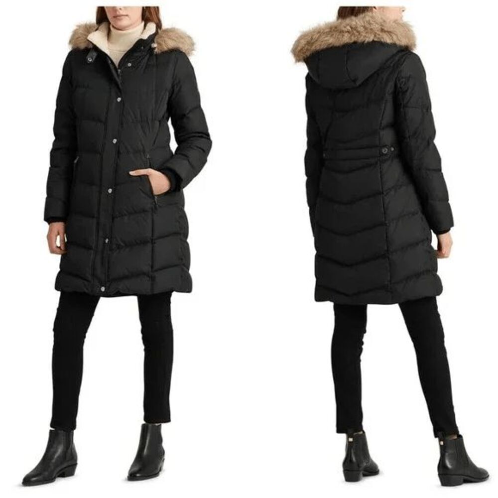 Lauren Ralph Lauren Black Hooded Faux-Fur Trim Puffer Coat